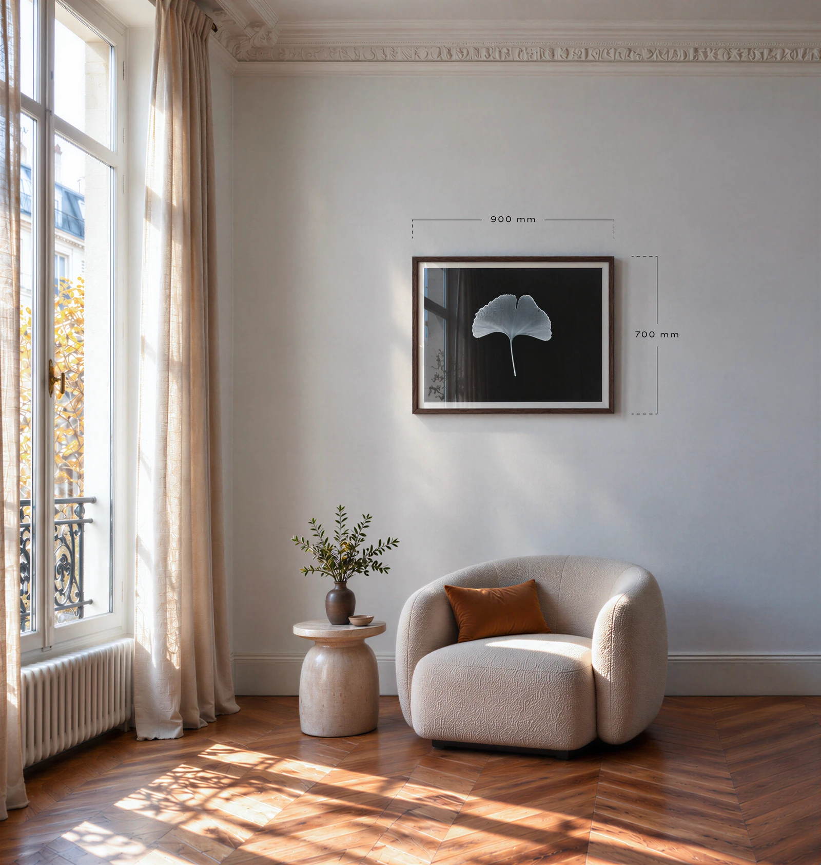 Ginko Horizon, landscape, hung above an armchair in a Parisian living room, to scale