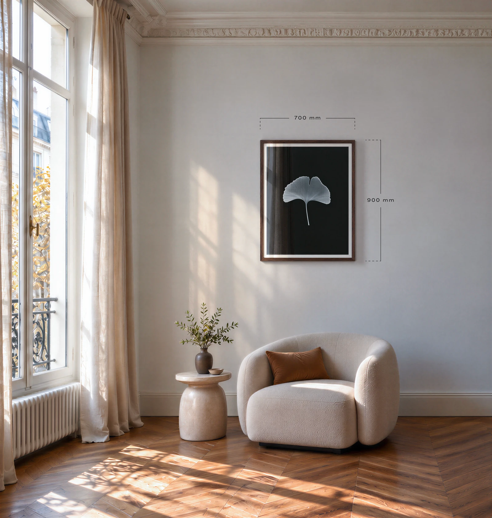 Ginko Horizon, portrait, hung above an armchair in a Parisian living room, to scale