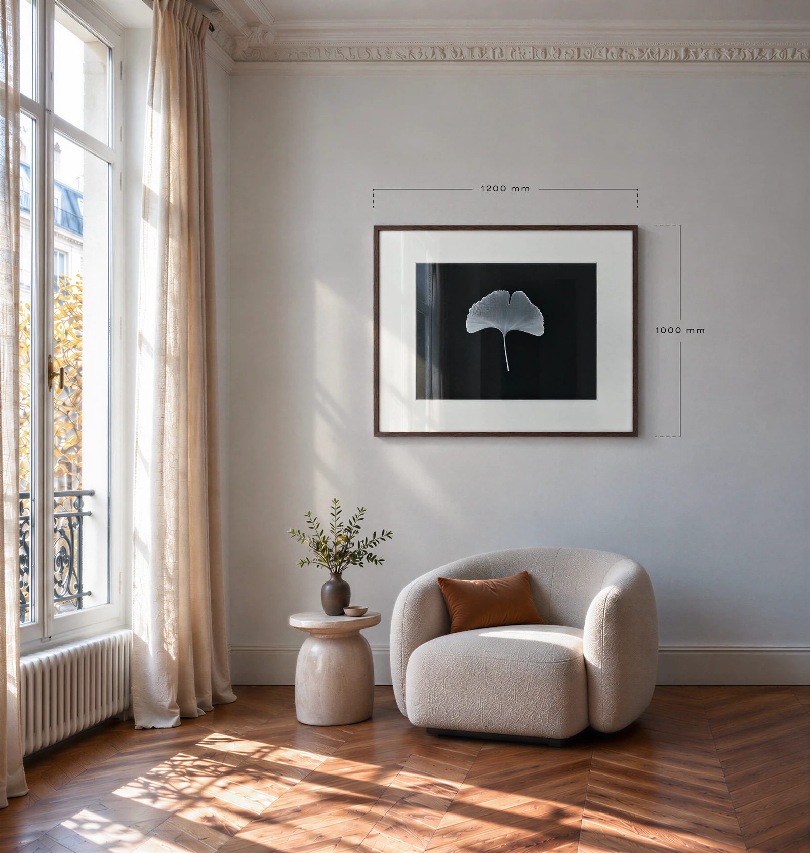 Ginko Monumental, landscape, hung above an armchair in a Parisian living room, to scale