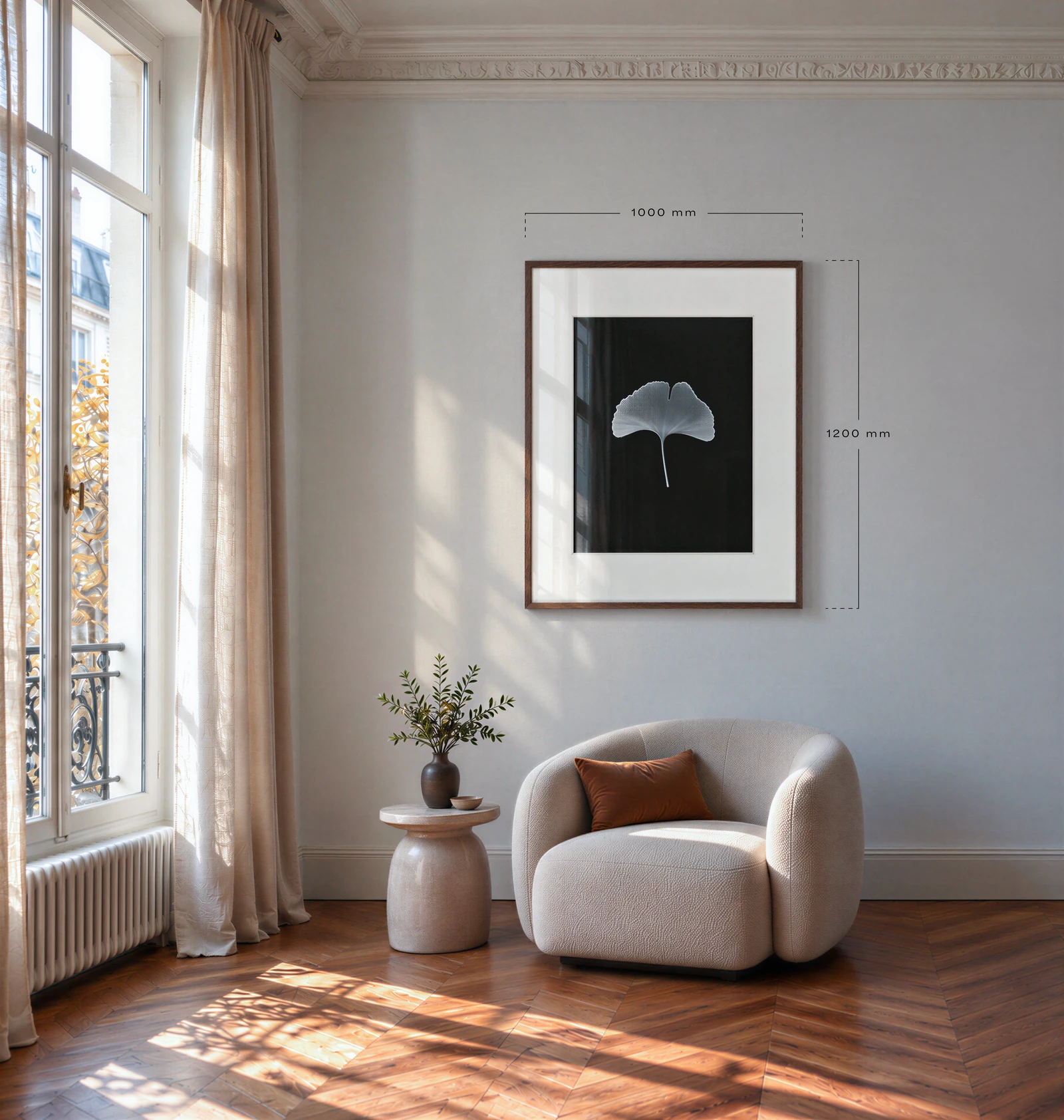 Ginko Monumental, portrait, hung above an armchair in a Parisian living room, to scale