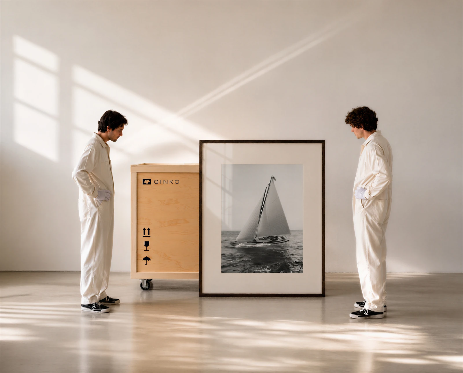 Two people unpacking a Ginko frame from its wooden crate.