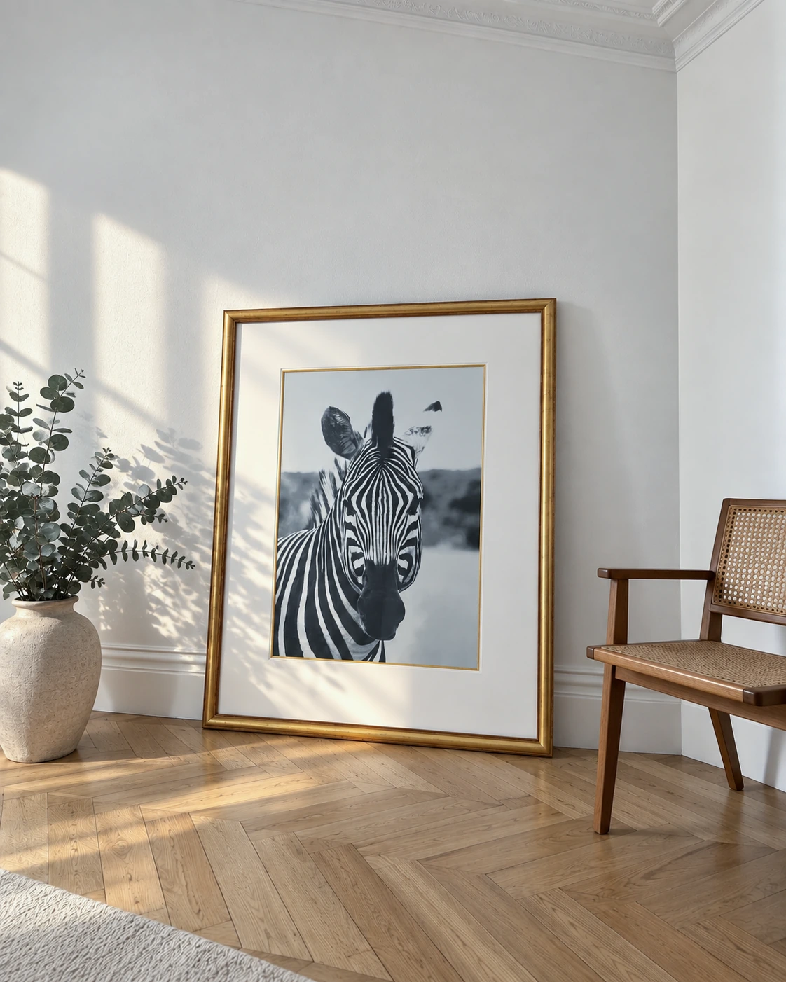 The Monumental Versailles leaning against a white wall, holding a black and white photograph.