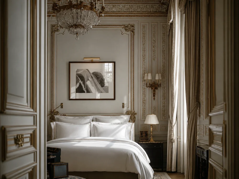 A palace suite in daylight, a Ginko frame above the bed.