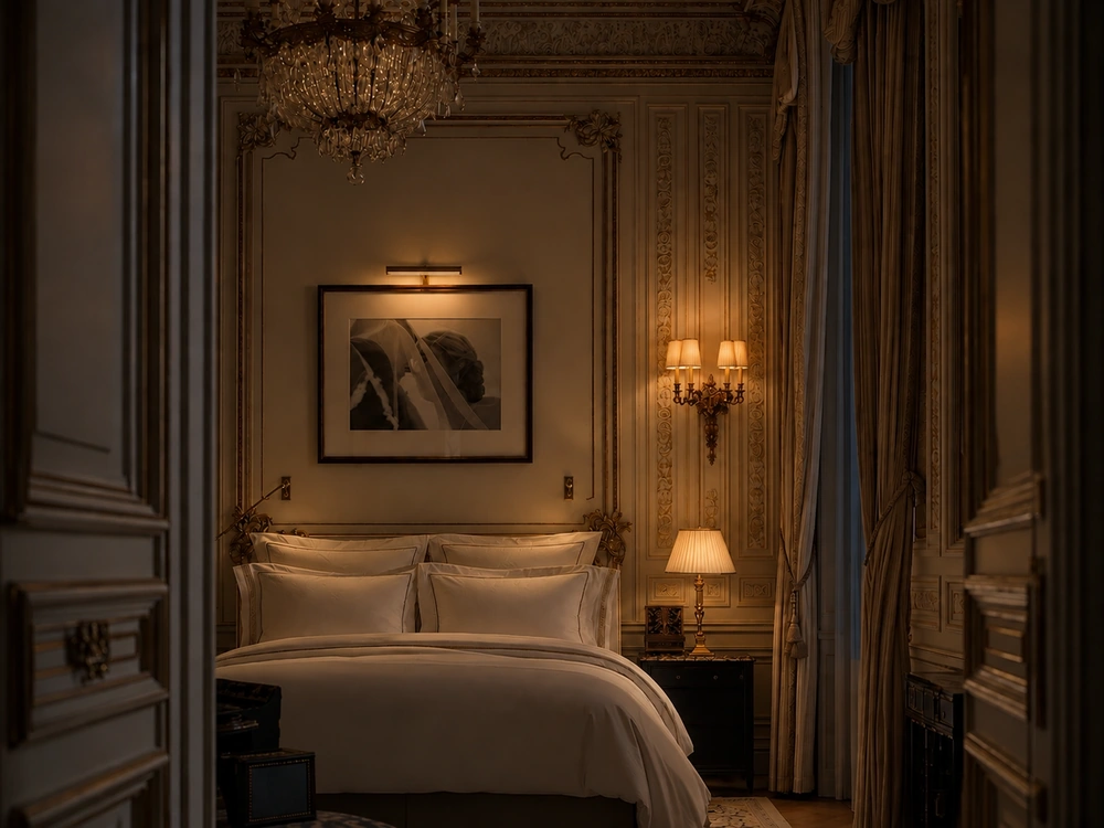 The same suite in the evening, lamps on: the frame is lit by the room, like a print.