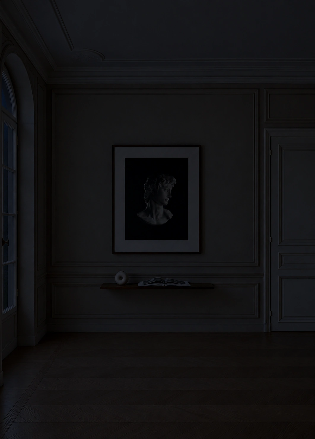 The same room at night: the frame gives off no light, like the wall around it.